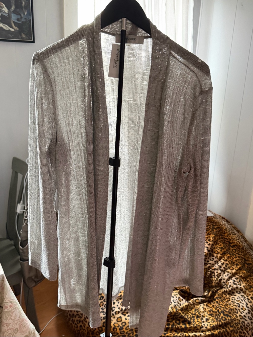 Jones Studio Silver Metallic Open Front Cardigan Size L NWT